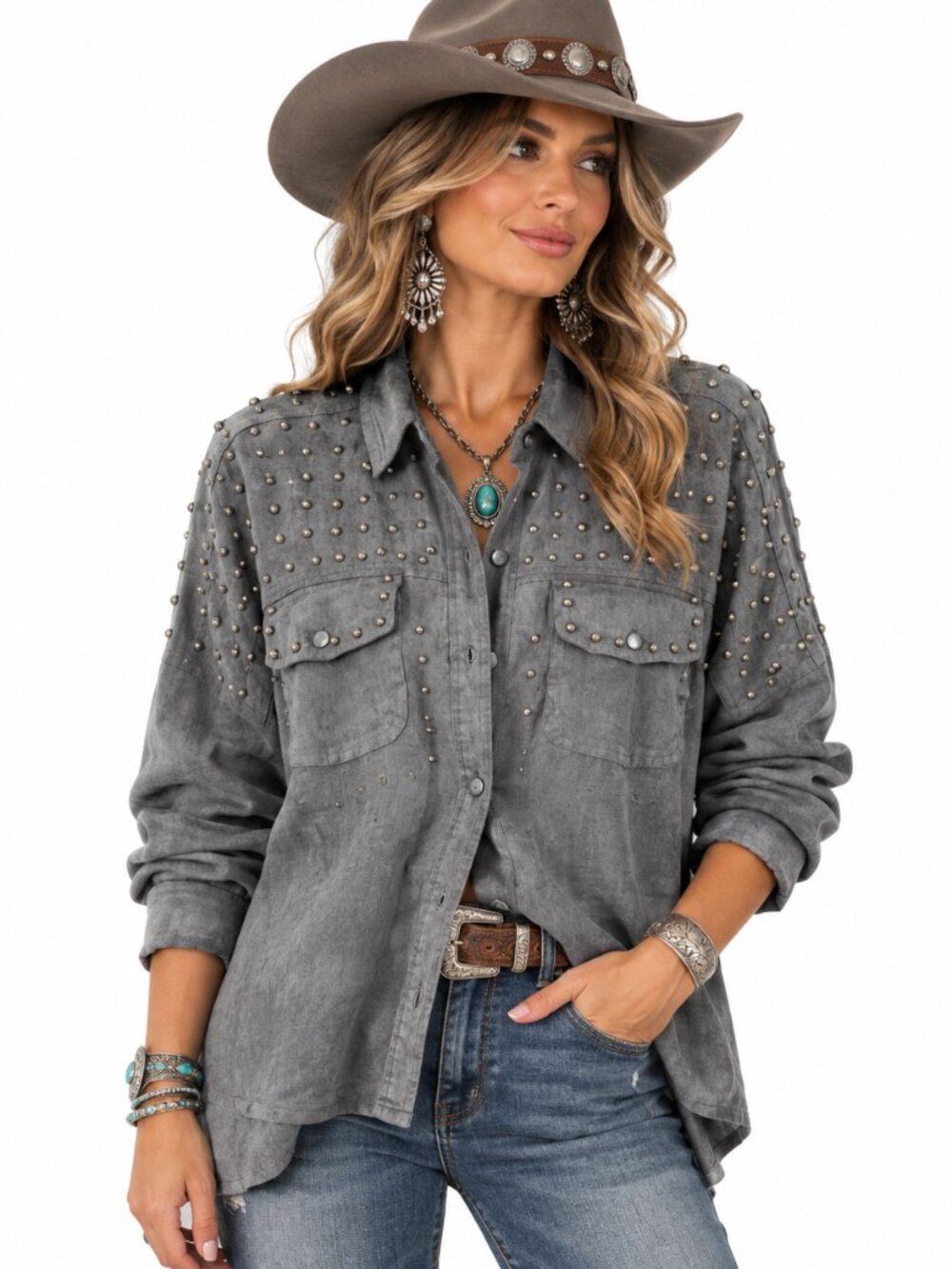 Fantastic Fawn Faux Suede Shacket Womens L Gray Studded Western Boho NWT